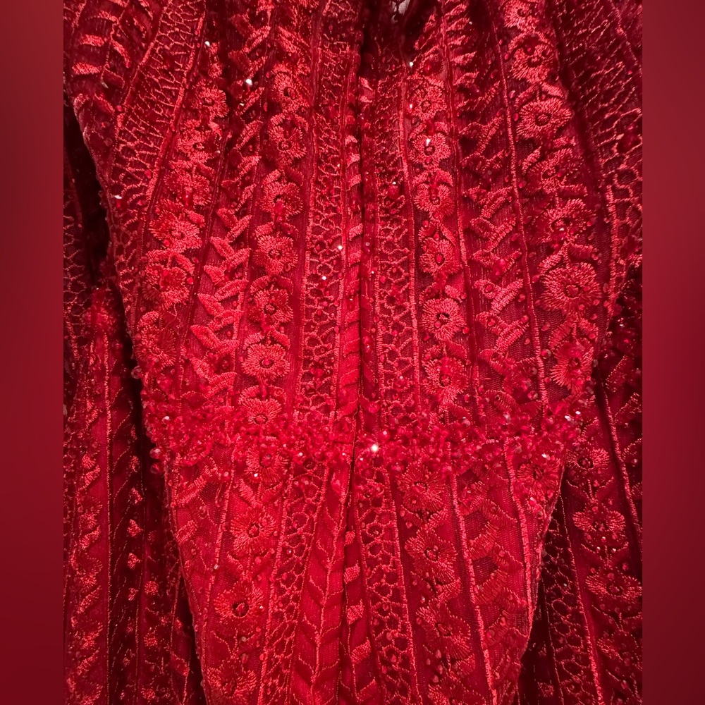 NWT Mac Duggal Sz 20 Red Lace Long Sleeve V-Neck Evening Gown 20271 - Picture 8 of 11